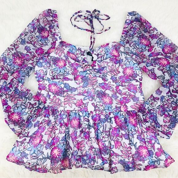 FRENCH CONNECTION Floral Halter Peplum Top Smocked Pink Purple Size Large New‎ - Picture 4 of 15